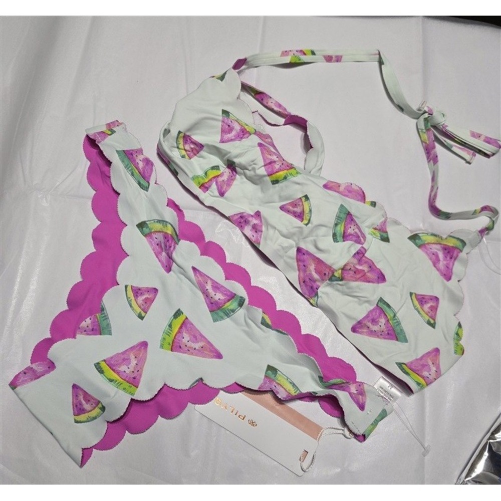 NWT Pilyq Watermelon M Scallop Scoop Bikini Swim Top & Bottom Reversible 132630